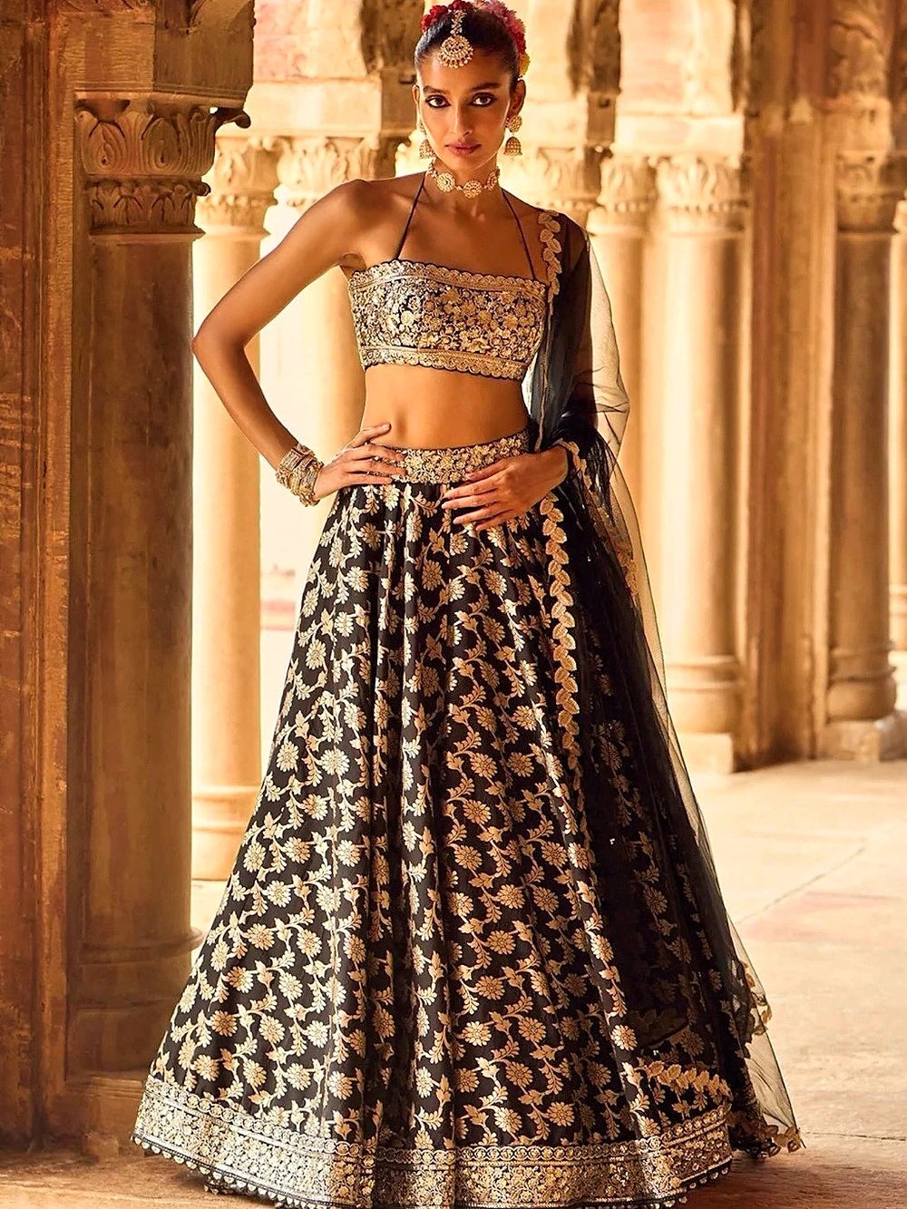 Lashkaraa, Black & Gold Floral Lehenga Set